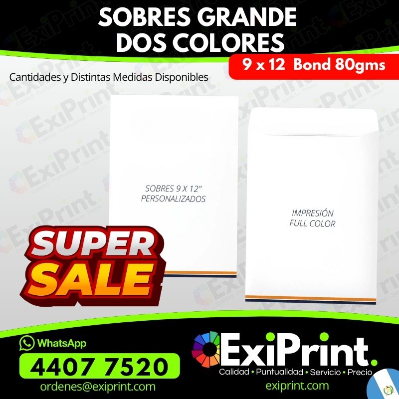 Oferta 100 Sobres Grandes a Dos Colores, Bond 80gms, 9x12